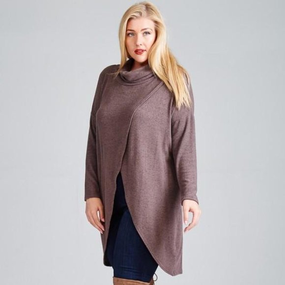 Hacci Brush Cowl Neck Long Pullover Top Plus Size - Picture 3 of 3